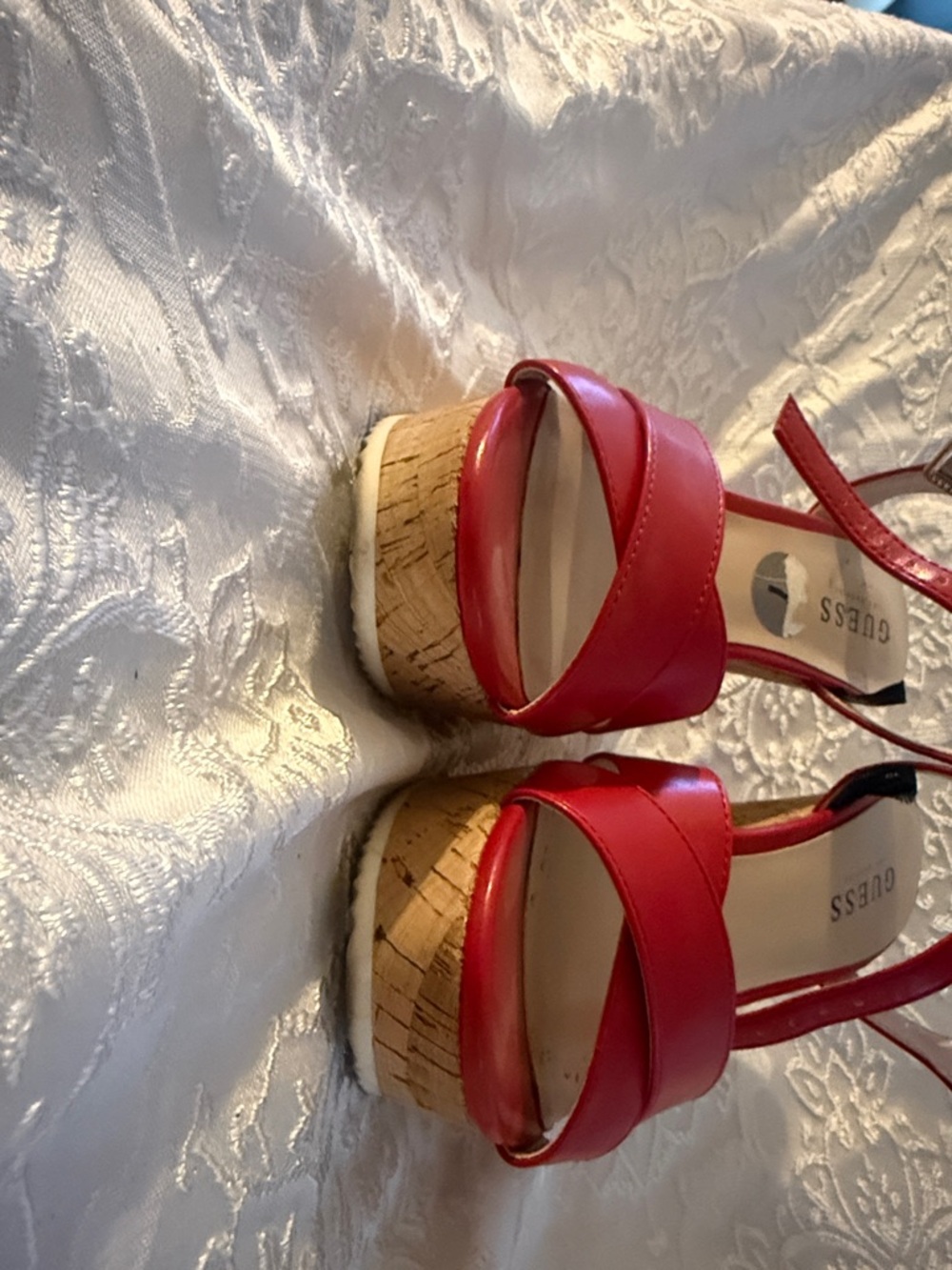 GUESS Red Cork Wedge Sandals with Ankle Strap - Picture 5 of 7